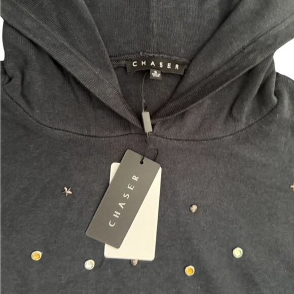 Chaser All Over Jeweled Oversized Hoodie Jeweled Accents Licorice Black Small - Picture 6 of 7